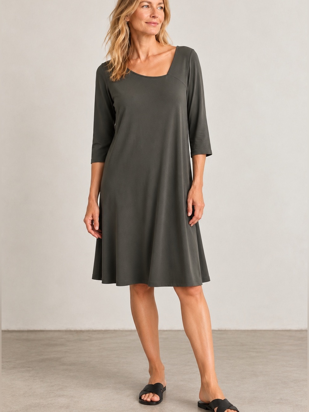 Eileen Fisher Jersey Knit Dress Asymmetrical Neckline Evergreen Lagenlook Size L